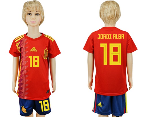 Spain #18 Jordi Alba Red Home Kid Soccer Country Jersey